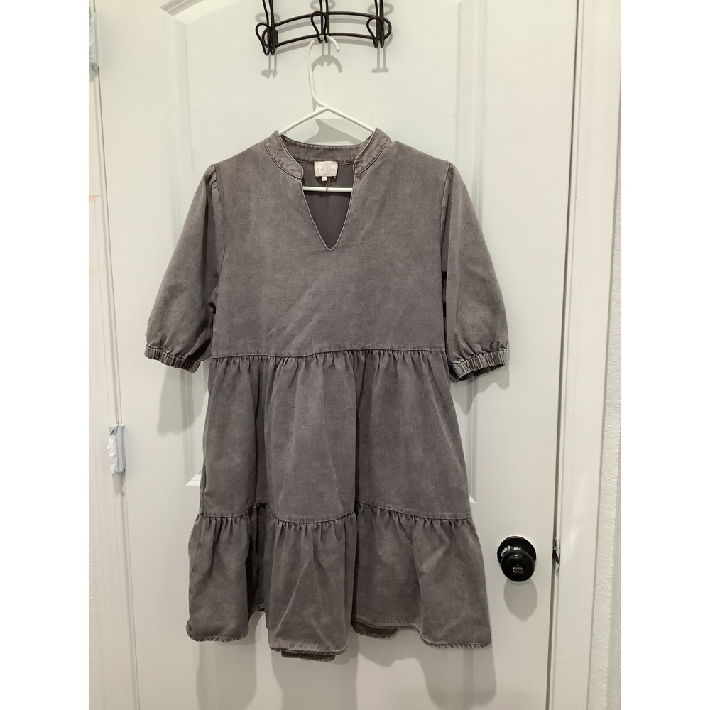 Entro Grey Acid Wash Tiered Babydoll Mini Dress Split V-Neck Boho Medium